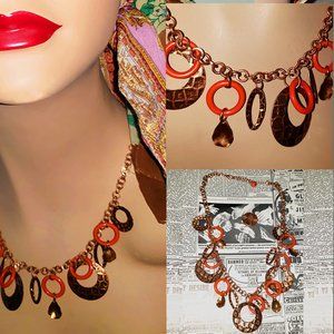 Y2K Bohemian Indie MOD Metallic Hoops Red-Orange Coppertone Charm Necklace